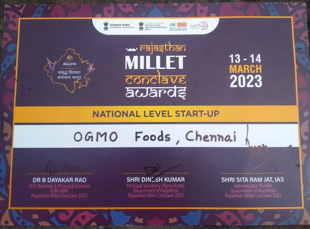 Best National-level Start-up award from Rajasthan Government to OGMO Foods, Chennai