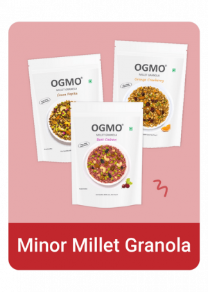 OGMO's Minor Millet Granola with flavours like Beet Cashew, Cocoa Pepita and Orange Cranberry